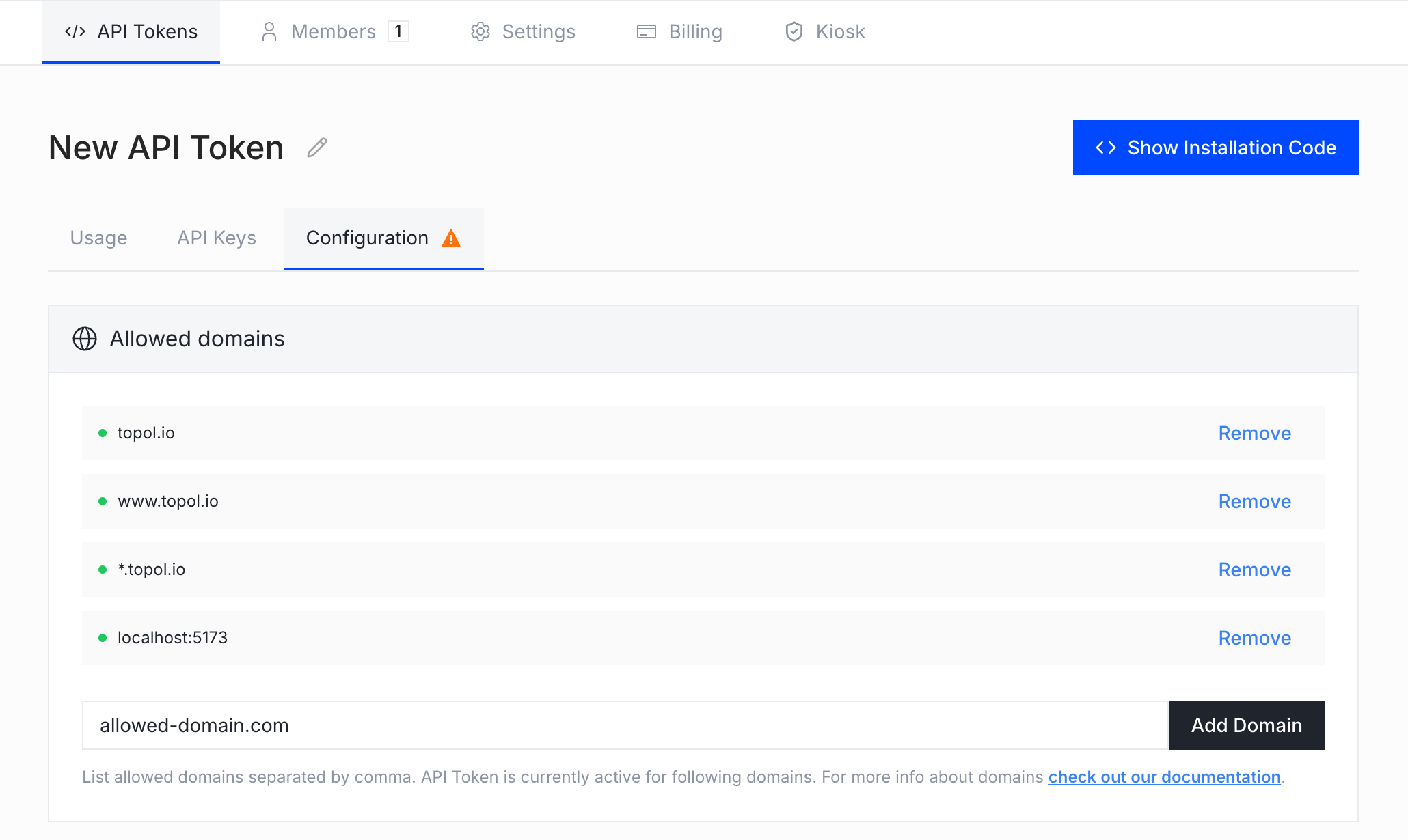 Allowed domains list in the token's Configuration tab