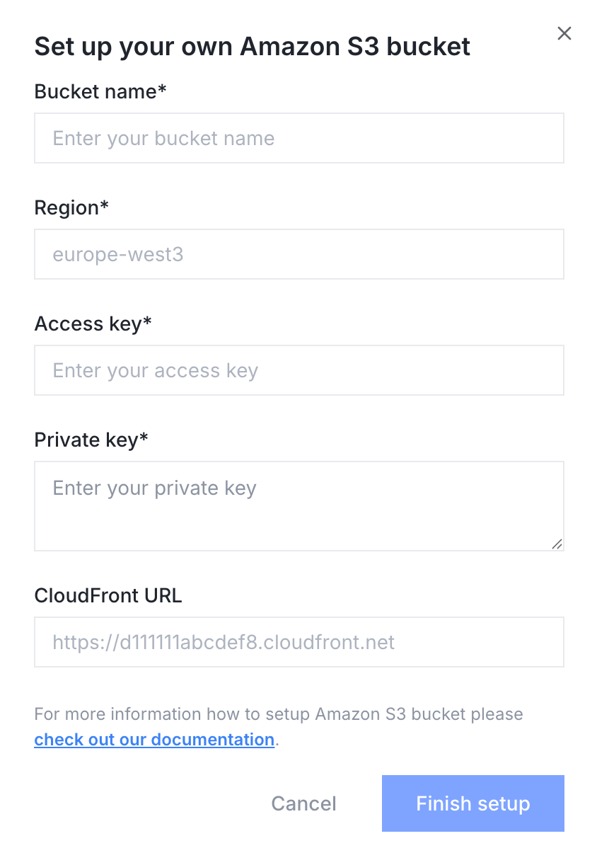 Set up your own Amazon S3 bucket modal Set up your own Amazon S3 bucket modal