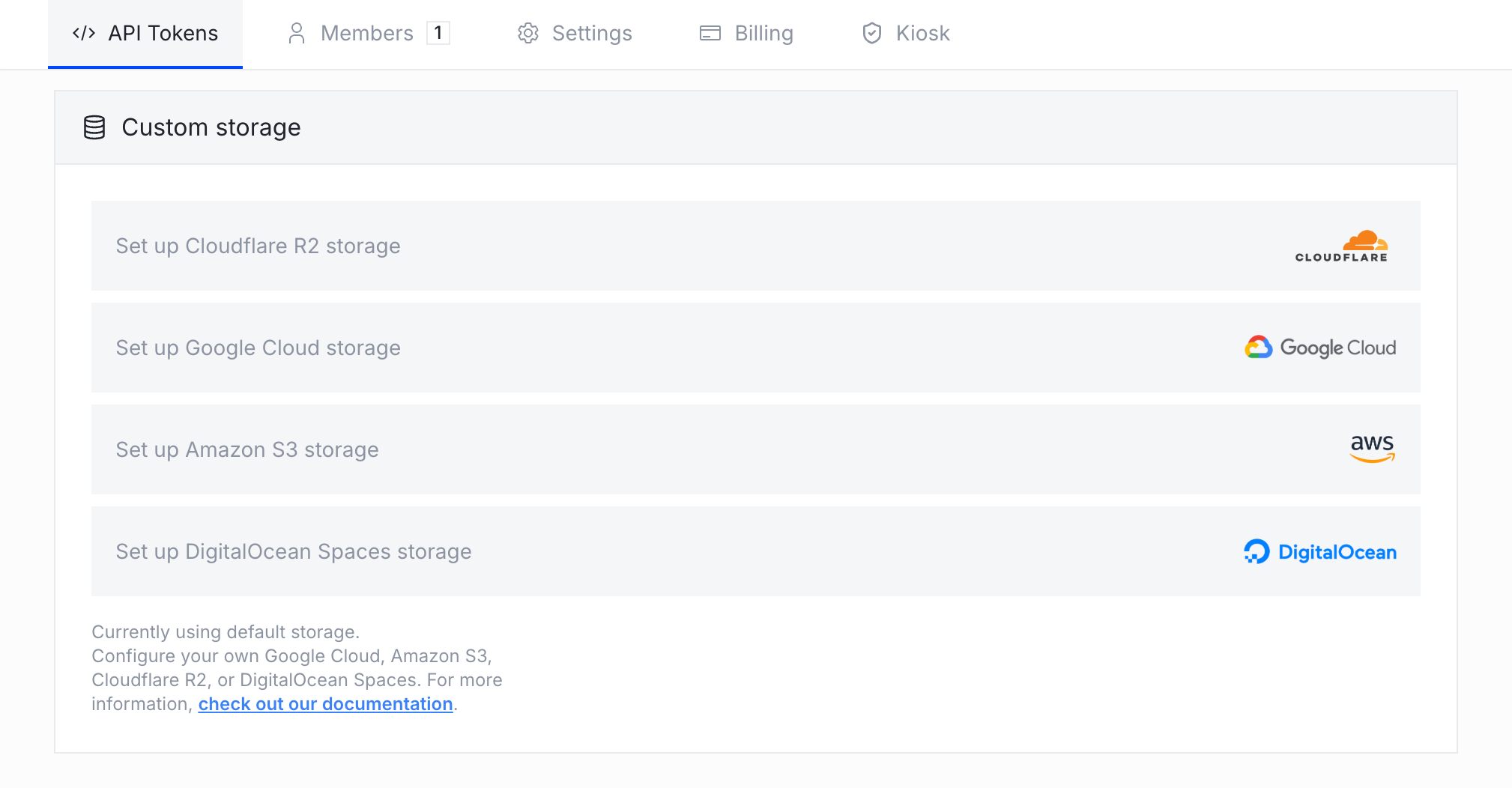 Custom storage section in the API Token Configuration tab Custom storage section in the API Token Configuration tab