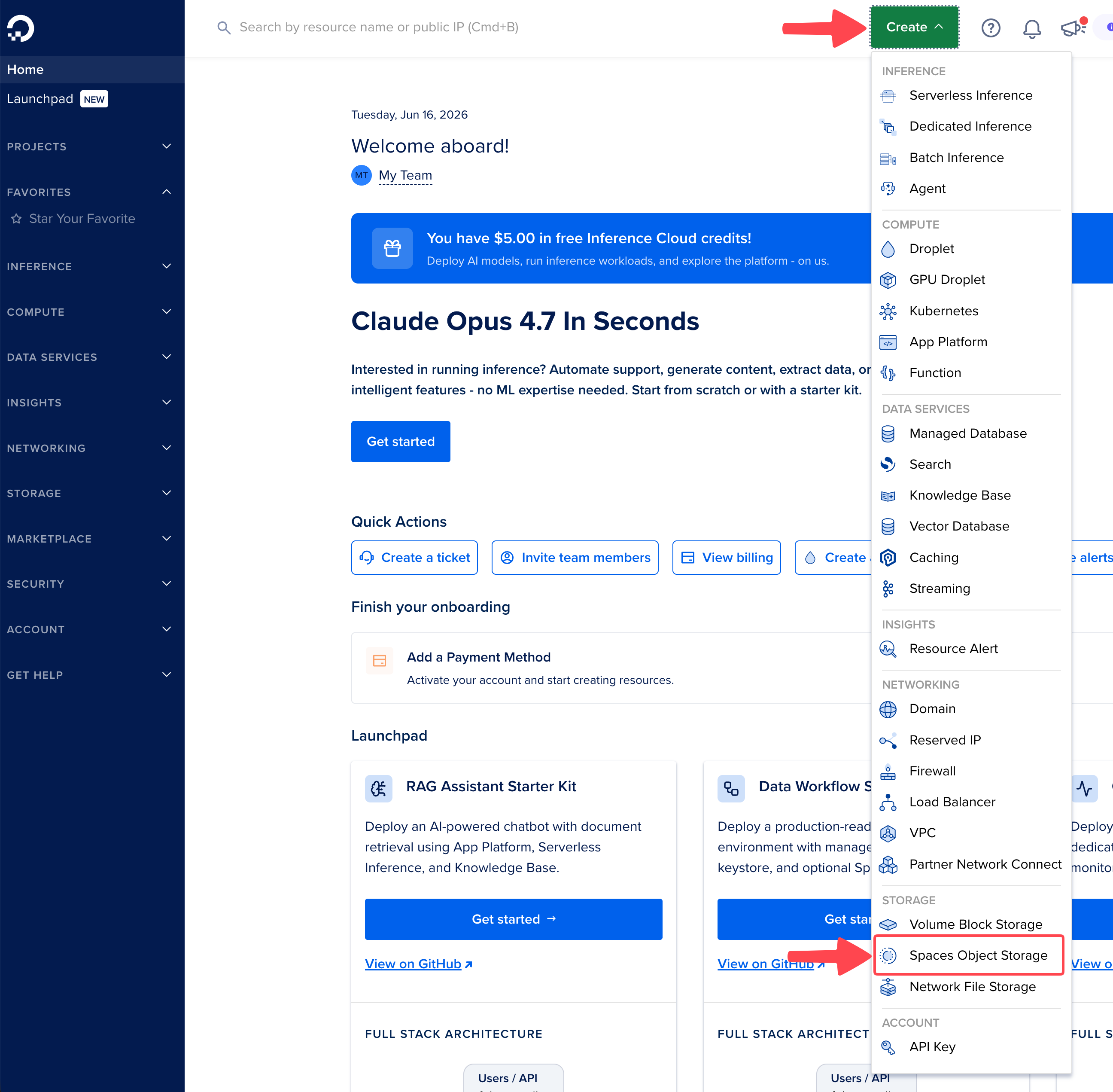 DigitalOcean Create menu with Spaces Object Storage