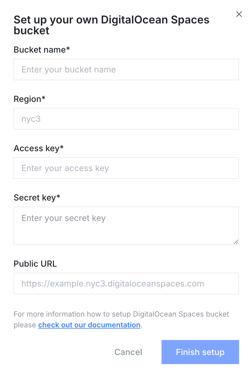 Set up your own DigitalOcean Spaces bucket modal Set up your own DigitalOcean Spaces bucket modal