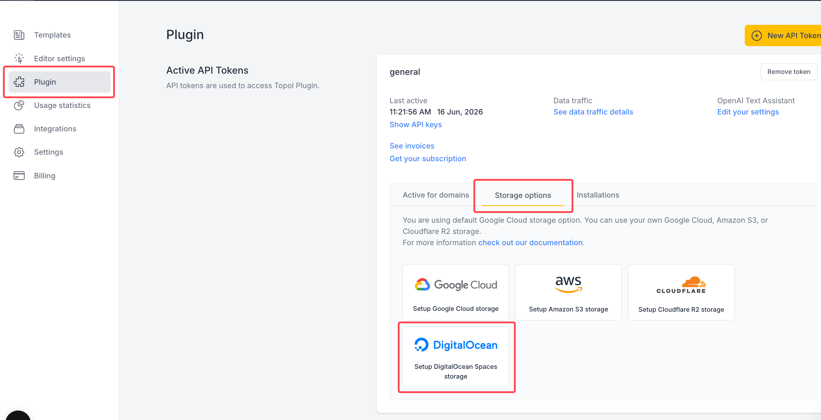 Topol Storage options dialog with DigitalOcean Spaces selected