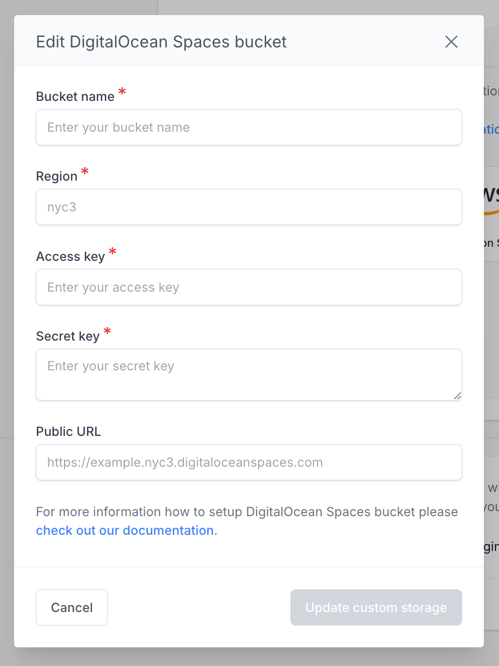 Fill in the DigitalOcean Spaces credentials in Topol