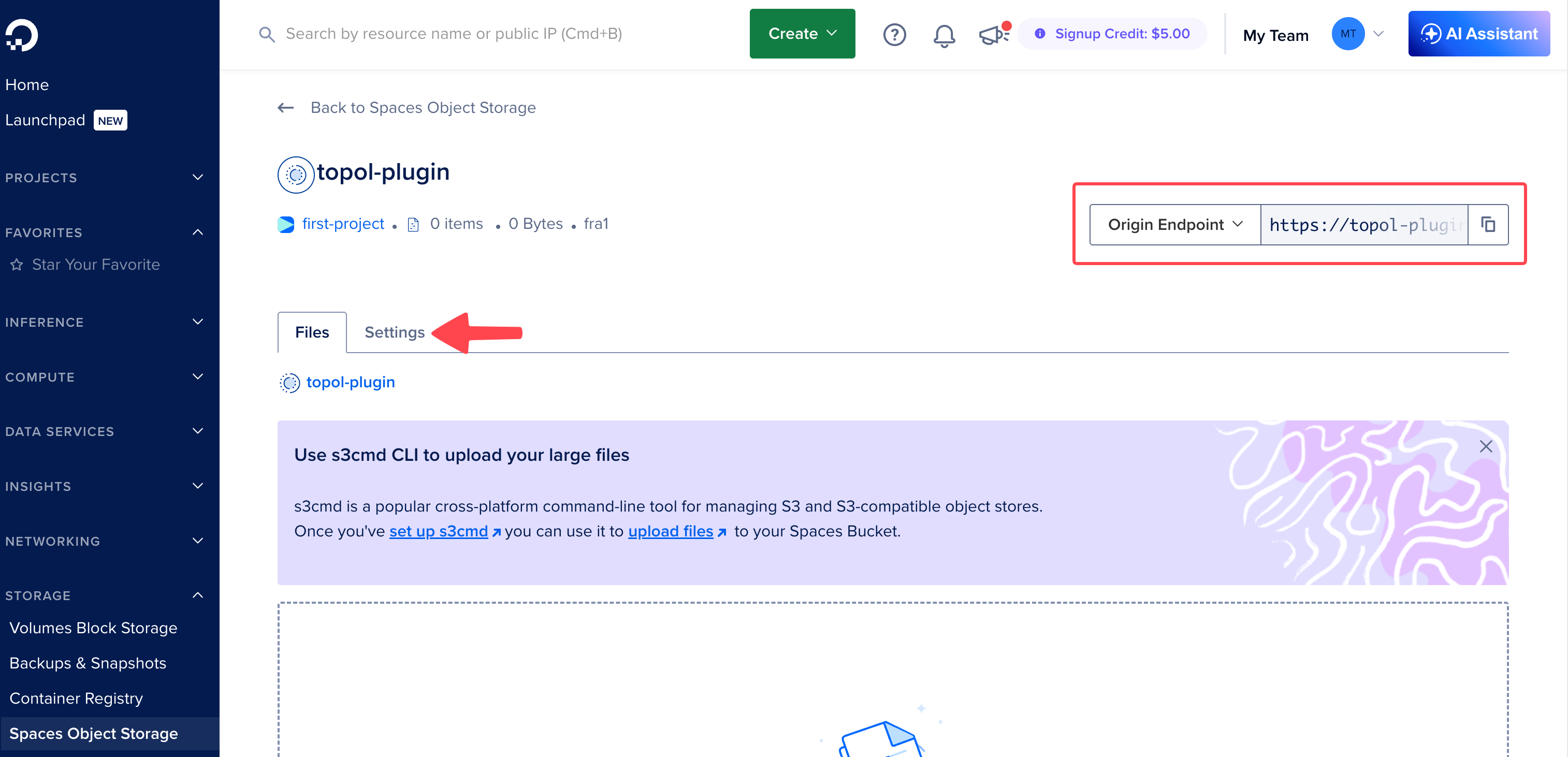 Bucket detail with Files and Settings tabs and the Origin Endpoint field