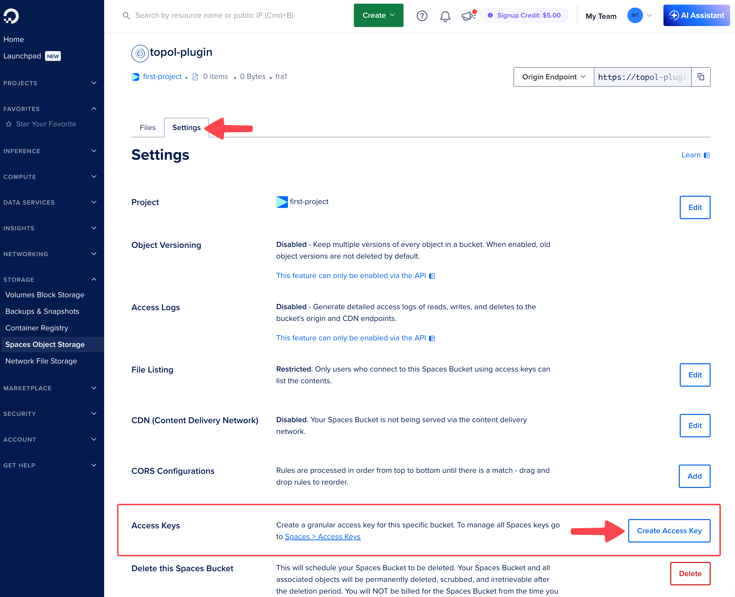Settings with the Create Access Key button in the Access Keys section