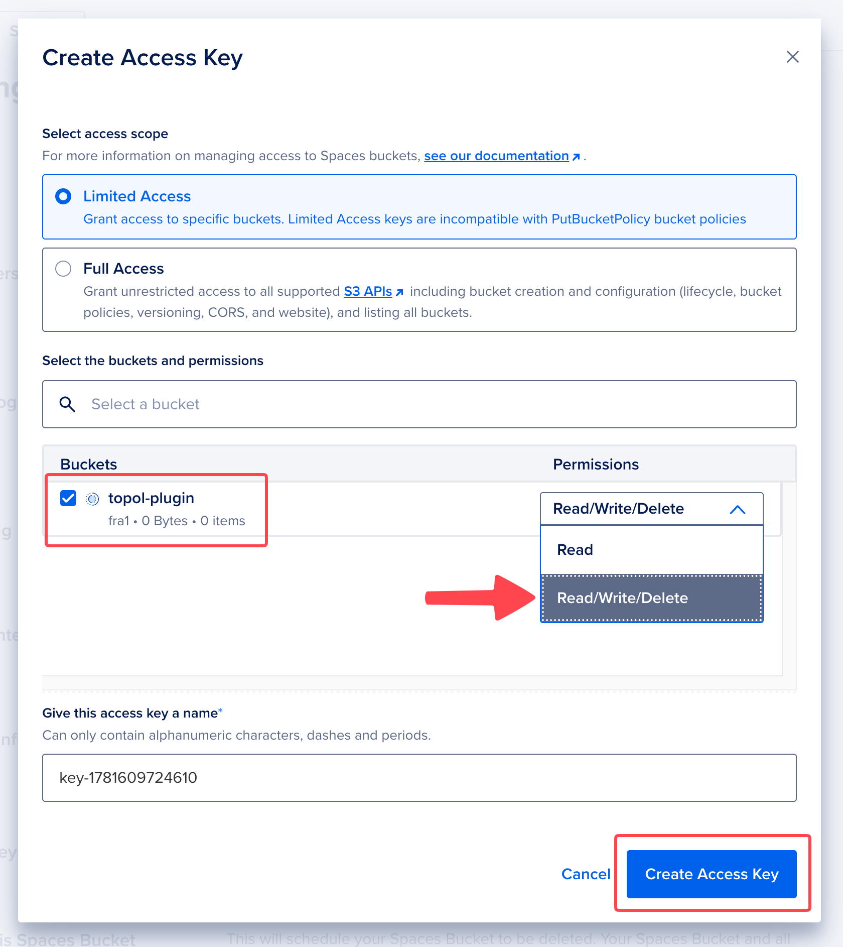 Create Access Key modal with the bucket set to Read/Write/Delete
