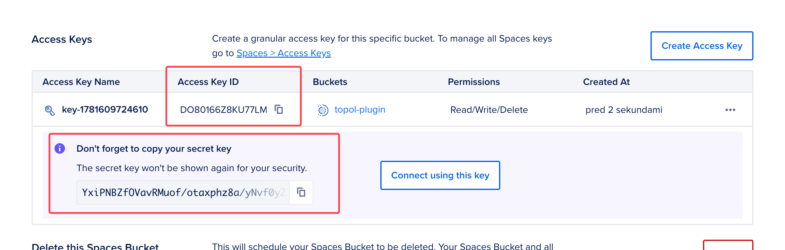 Created access key showing the Access Key ID and Secret Key
