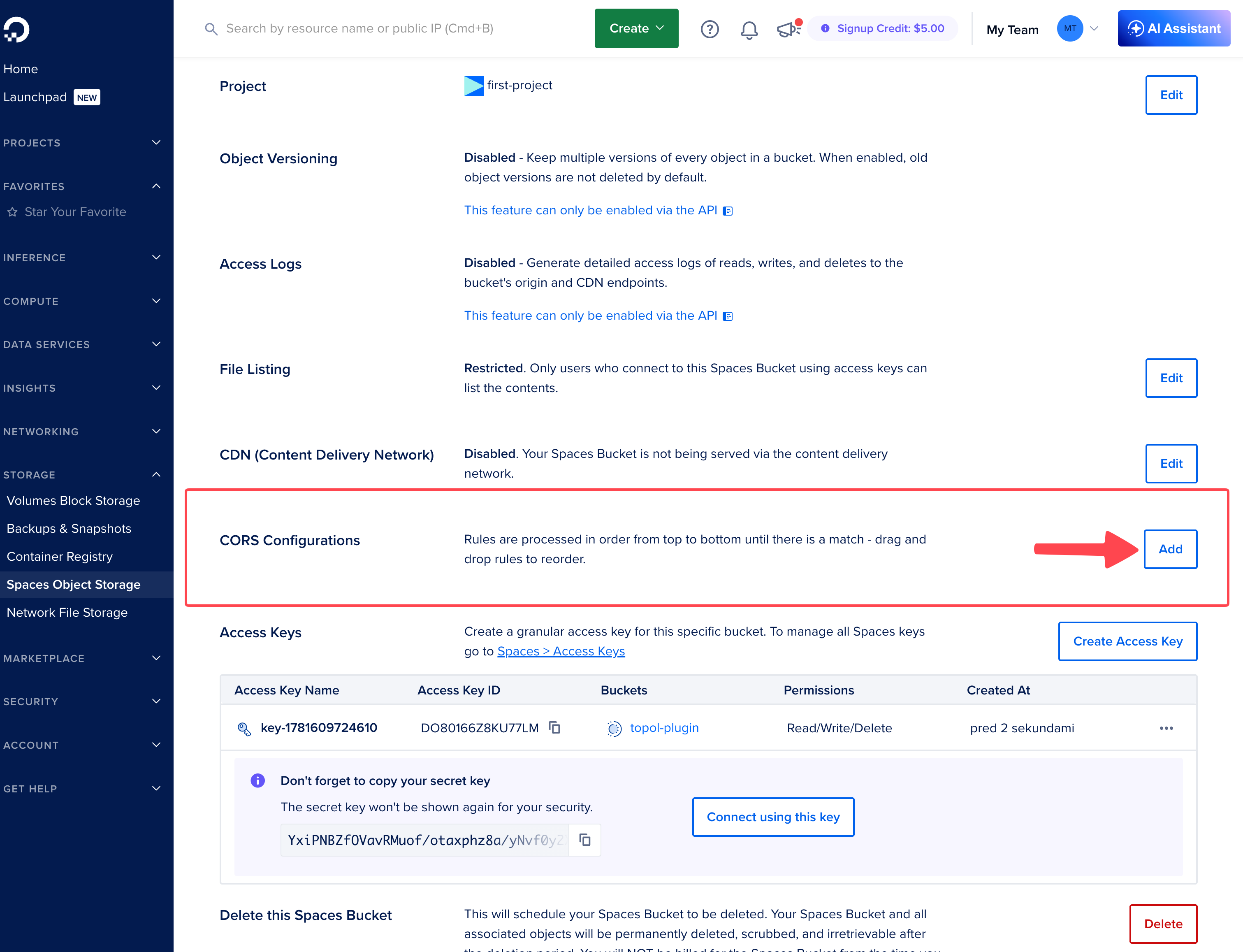 Settings with the Add button next to CORS Configurations