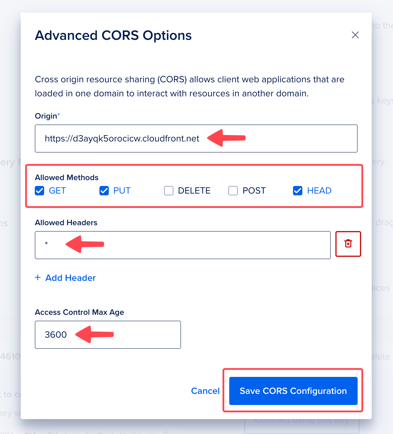 Advanced CORS Options with Origin, Allowed Methods, Allowed Headers, and Access Control Max Age