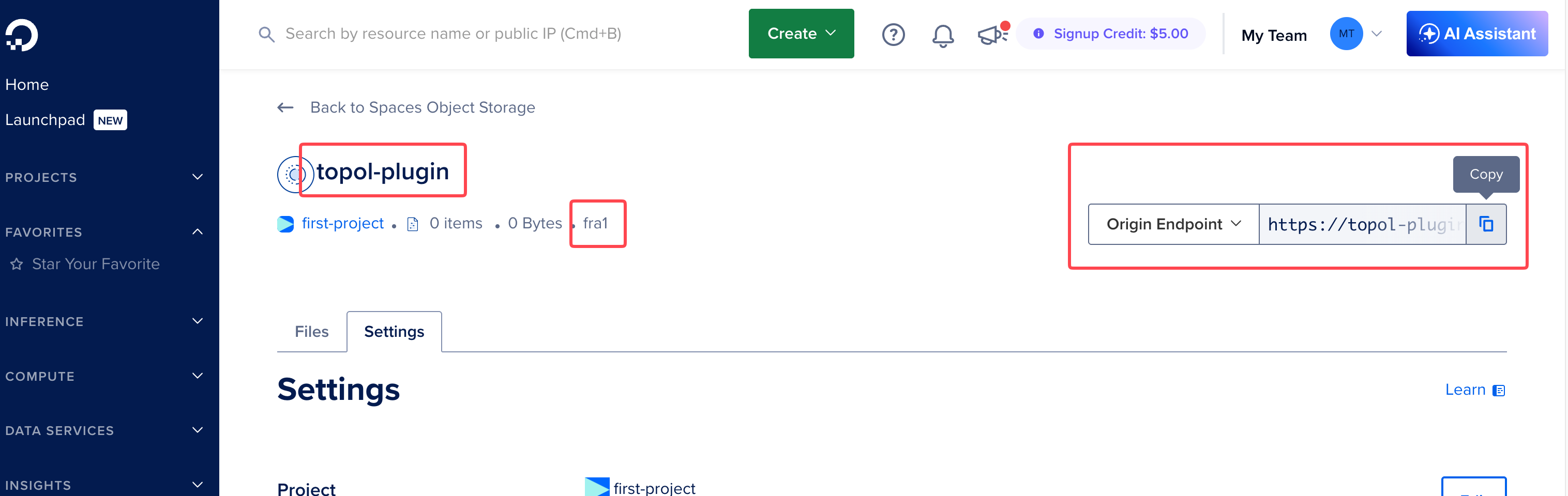 Bucket detail with the name, fra1 region, and the Origin Endpoint field
