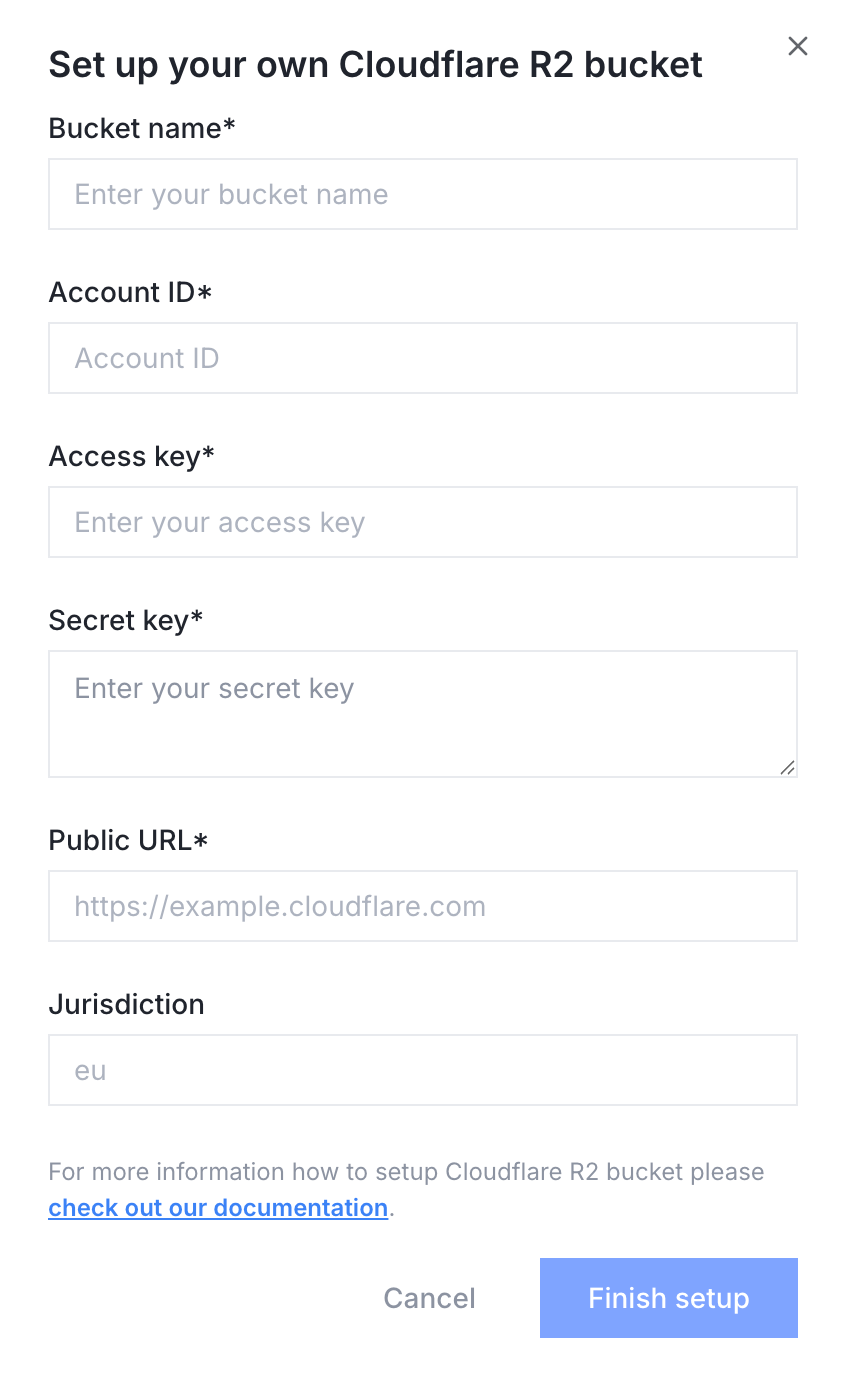 Set up your own Cloudflare R2 bucket modal Set up your own Cloudflare R2 bucket modal