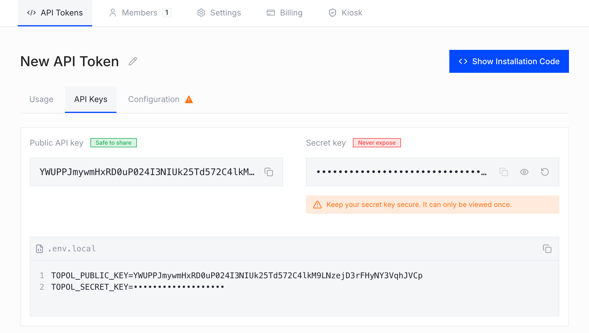 Newly created API token with its Public API key and Secret key