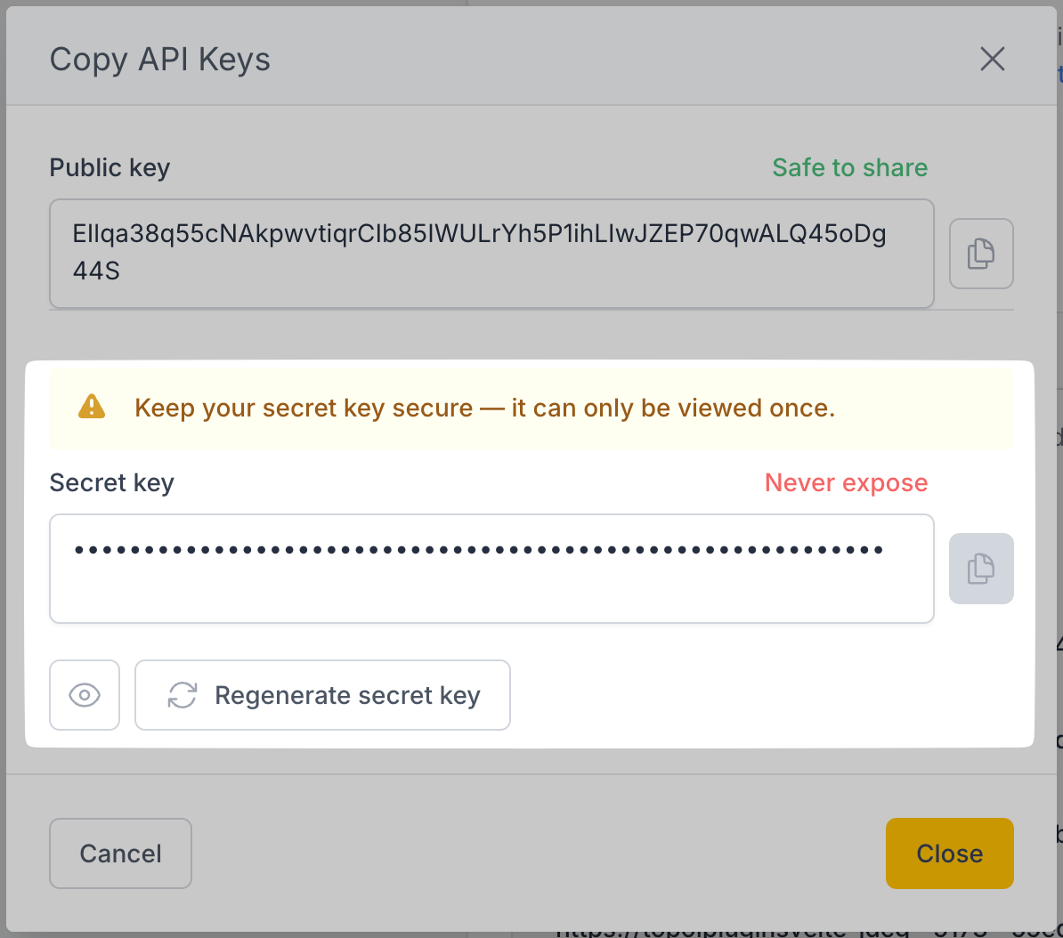 Secret Key modal window Secret Key modal window