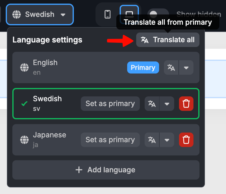 Translate all from primary button in Language Settings