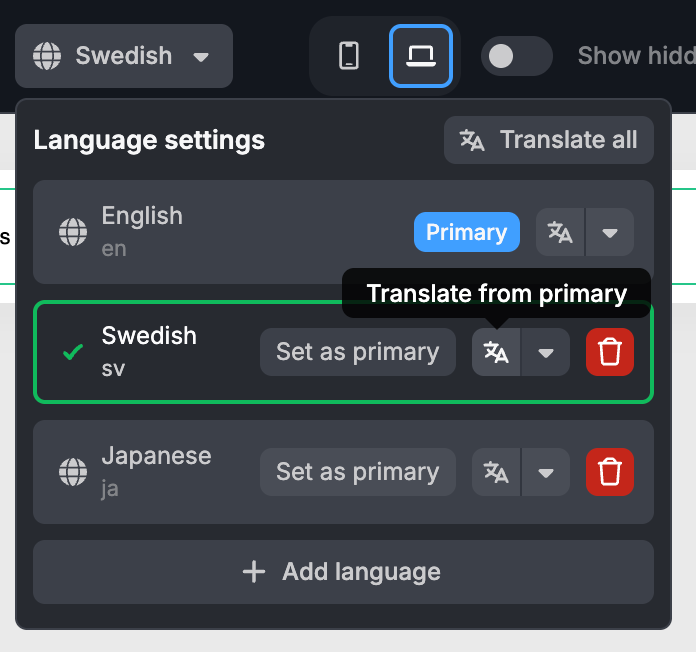 Translate from primary button in Language Settings