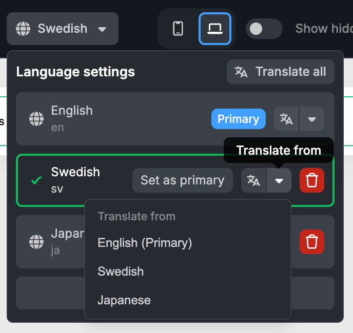Translate from source language menu